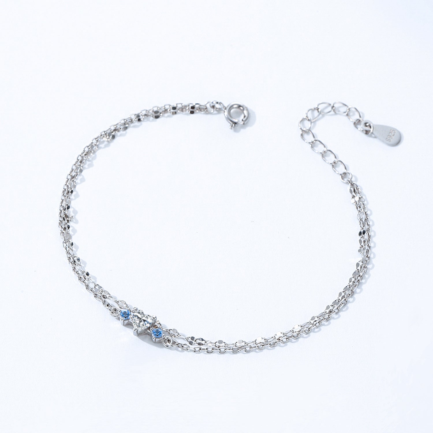 Wholesale S925 Sterling Silver Heart-shaped Double-layer Bracelet  Light Blue Zircon Jewelry