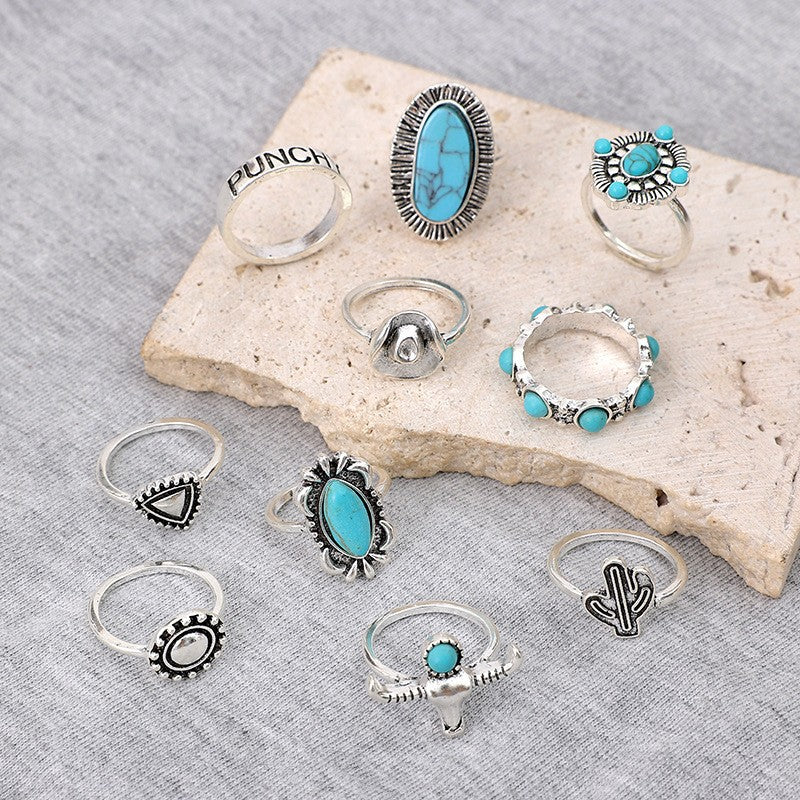 Wholesale Vintage Turquoise Ring Set 10-Piece Cactus Geometric Alloy Jewelry Accessory