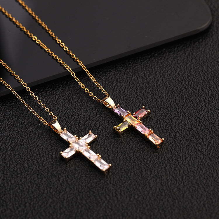 Wholesale Copper Electroplated Colorful Zircon Cross Pendant Necklace Stylish Hip Hop Fashion Jewelry Accessory Trendy Gift For Everyday Wear