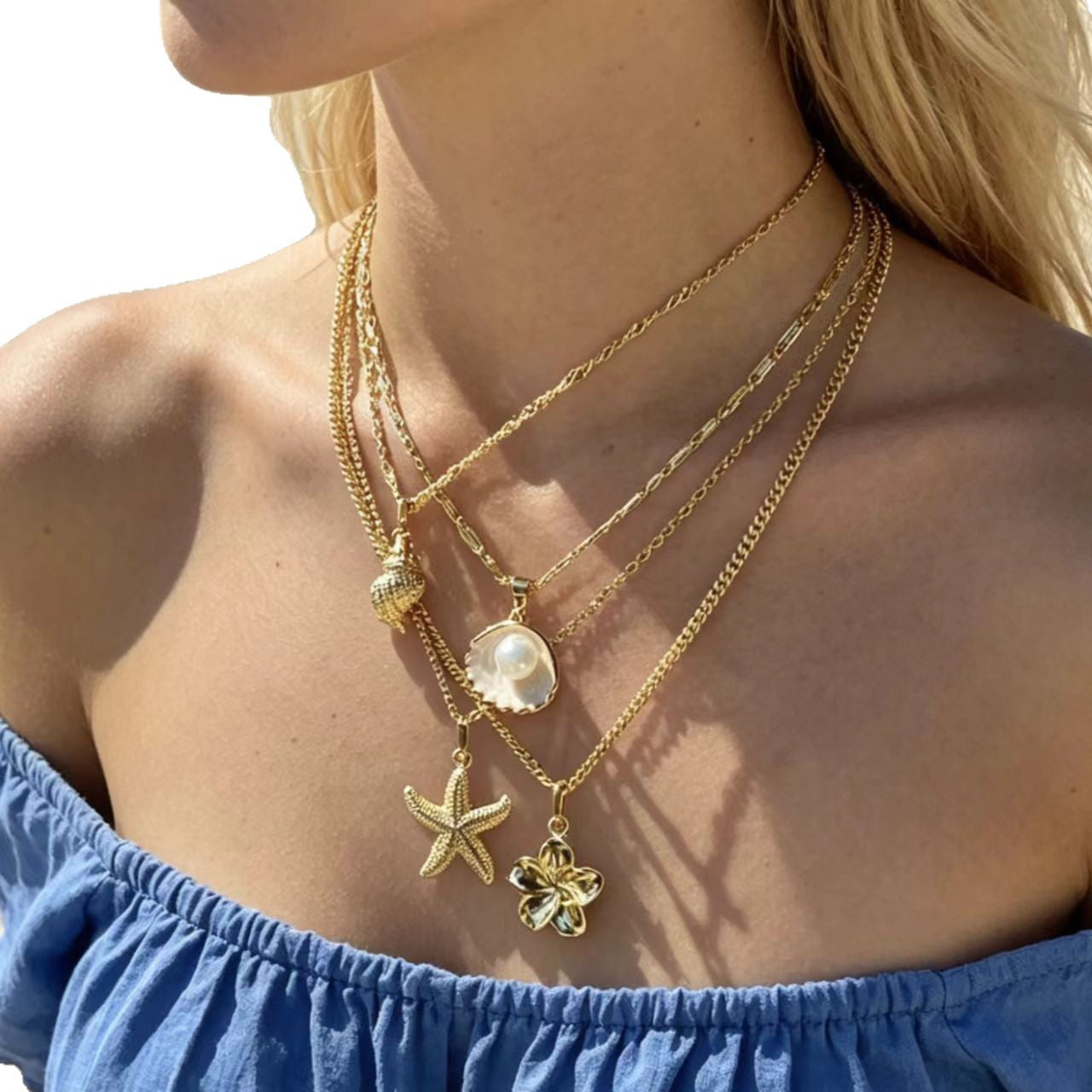 Wholesale Zinc Alloy Electroplated Double Layer Pearl Shell Necklace Summer Beach Vacation Style Fashion Accessory