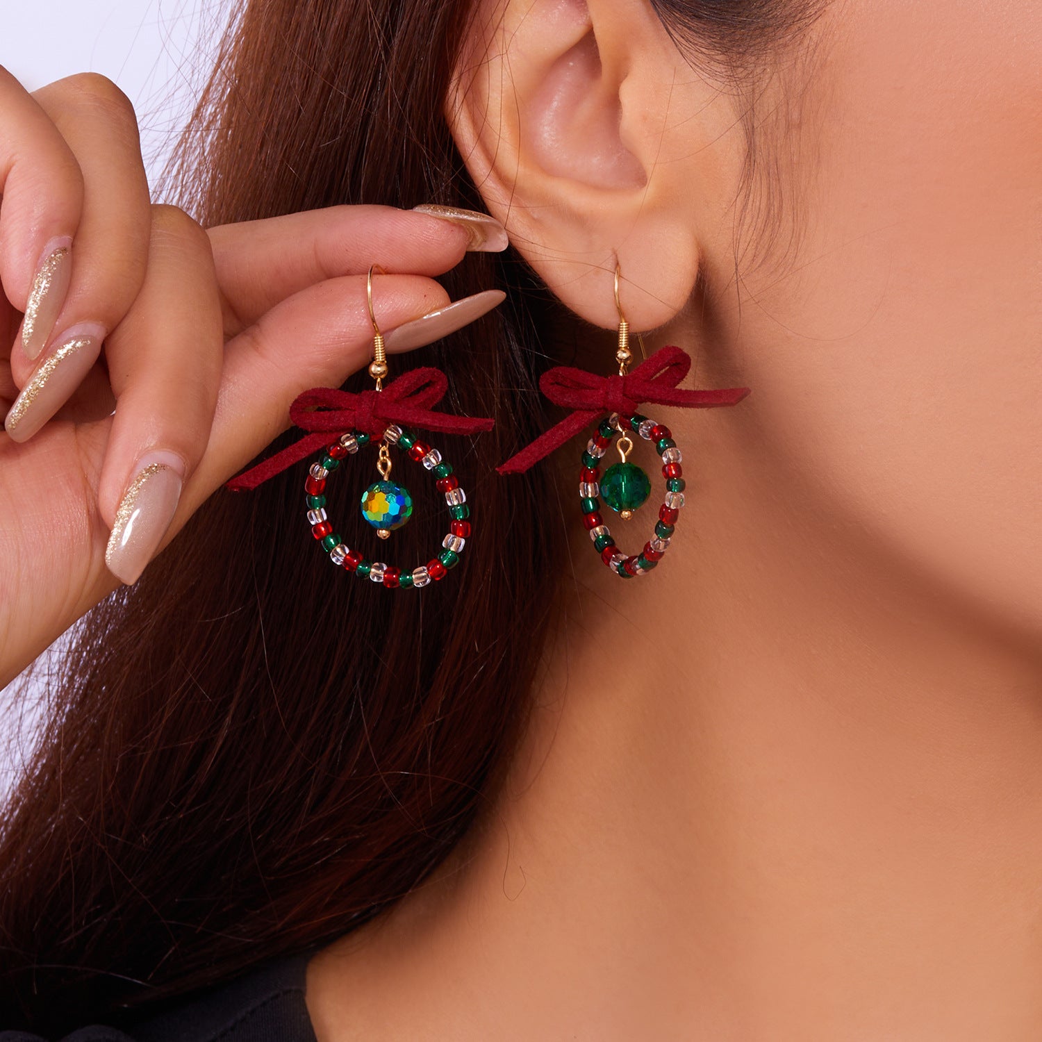 Wholesale New Year Colorful Christmas Wreath Bow Earrings