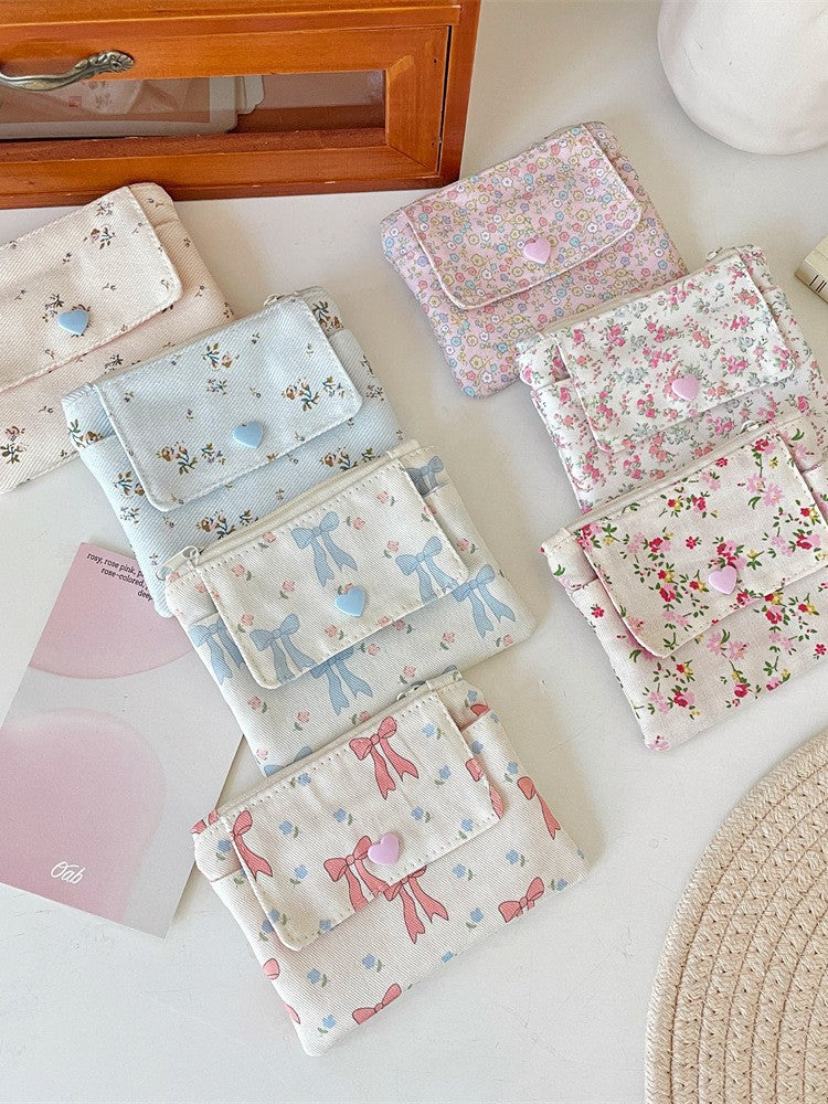 Wholesale Korean Style Flower Pattern Card Holder Wallet Double Layer Large Capacity Beige Polyester Stylish Women S Everyday Accessory Gift Resale