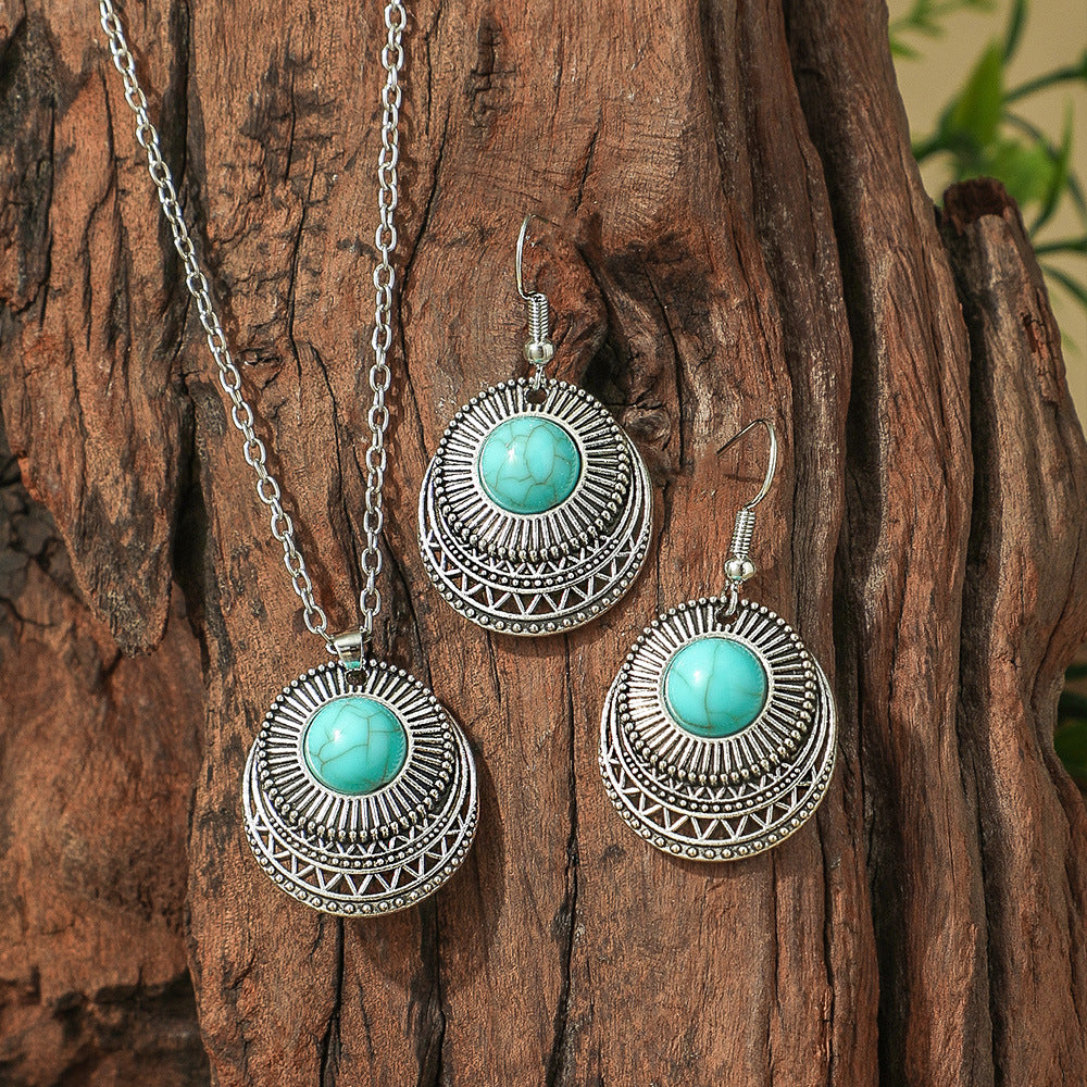 Wholesale Bohemian Turquoise Hollow Geometric Earrings and Necklace Set Fashion Accessory Gift