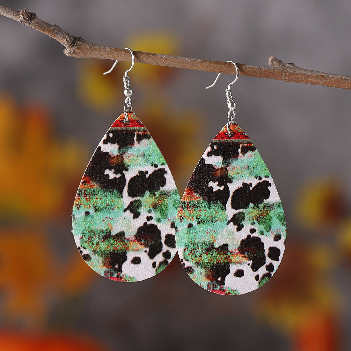 Wholesale Western Ethnic Leopard Dairy Pattern Turquoise Pattern Water Drop Earrings