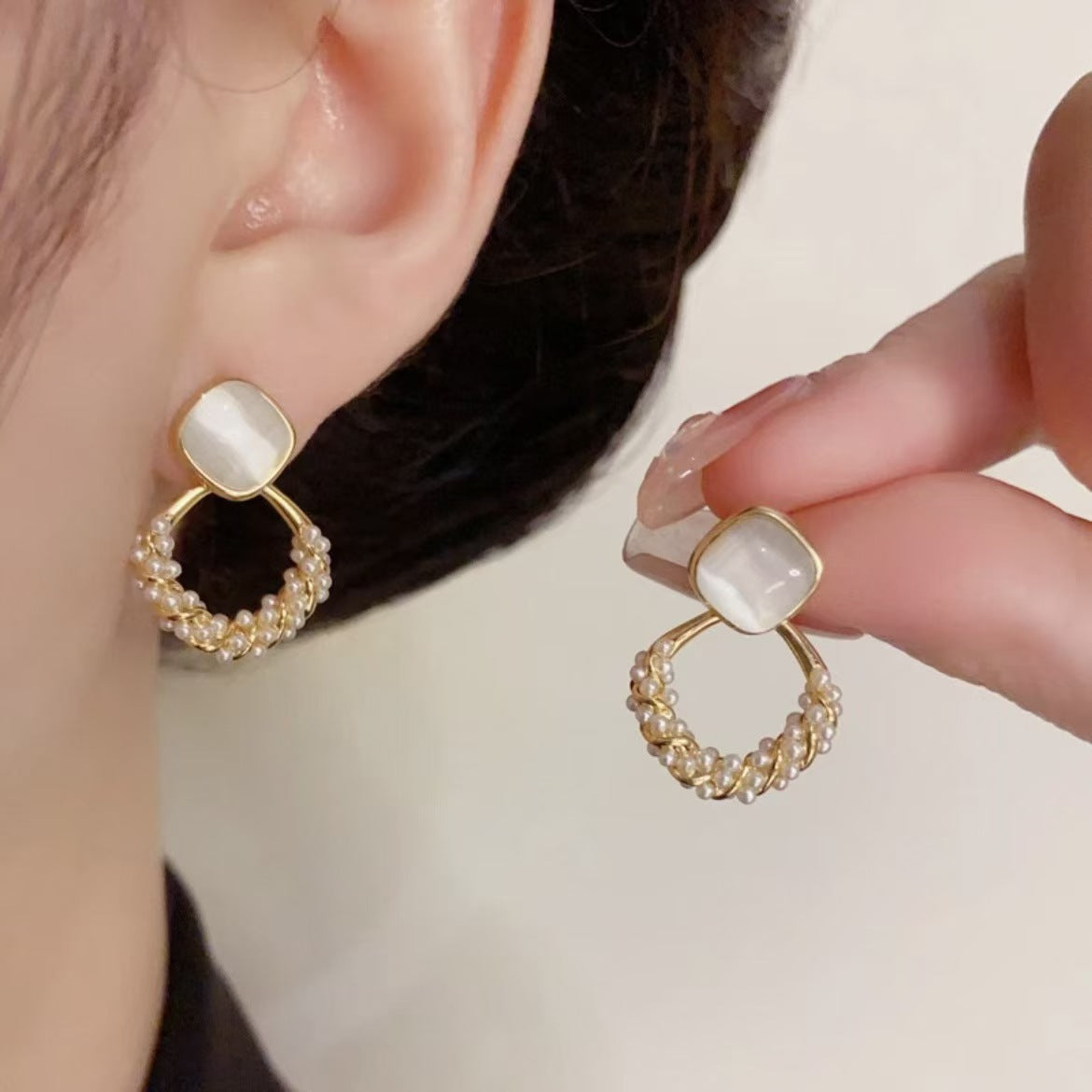 Wholesale Light Luxury High-grade Cat's Eye Stone Geometric Diamond Pearl Earrings