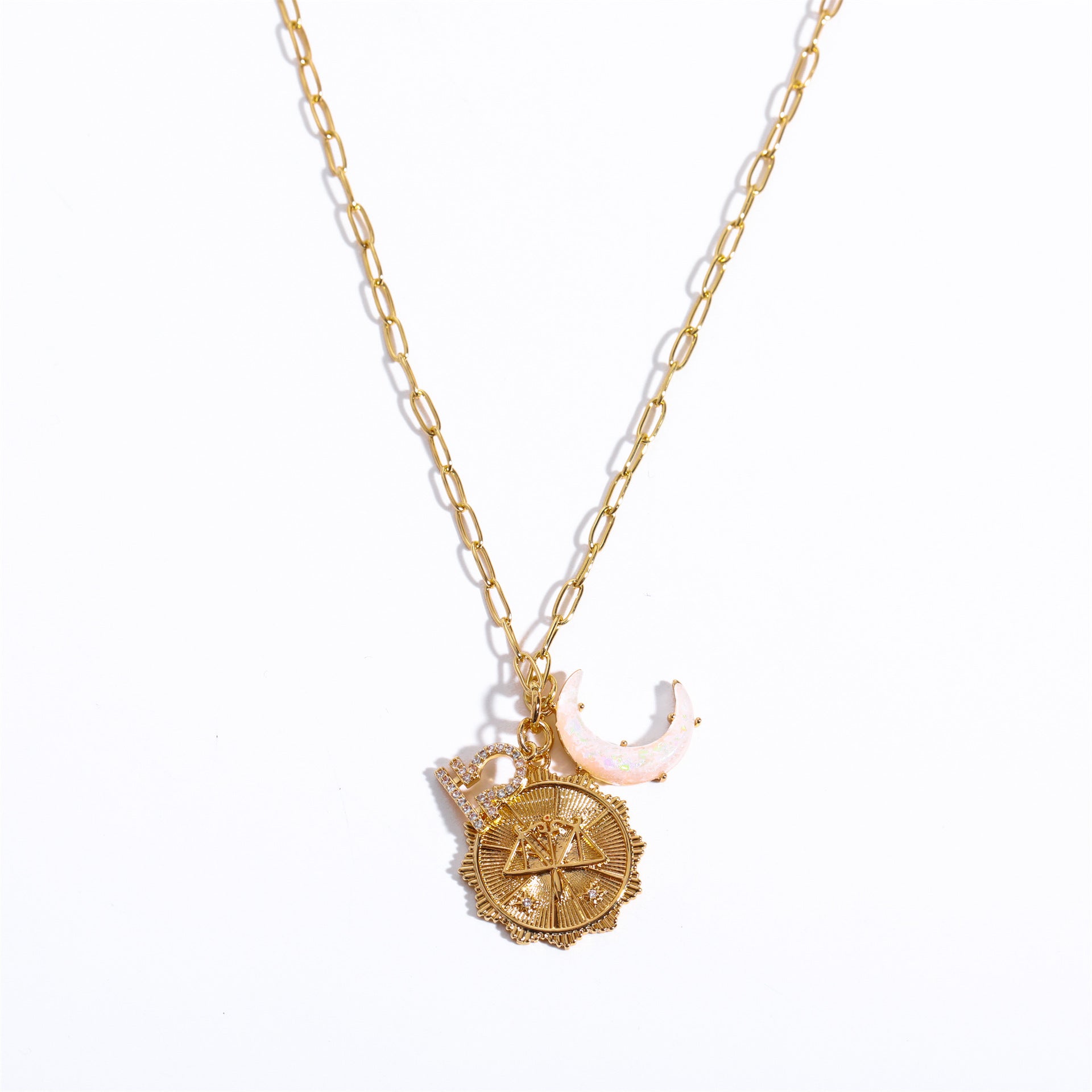 Wholesale  Micro Set Zircon Twelve Constellation Rune New Moon Moon Opal Pendant Necklace