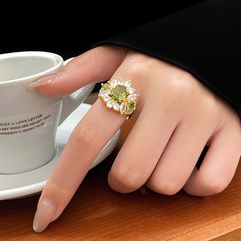 Wholesale Geometric Full Diamond Ring Adjustable Jaw in Silver Olive Green Boutique Jewelry Accessory for Everyday Wear