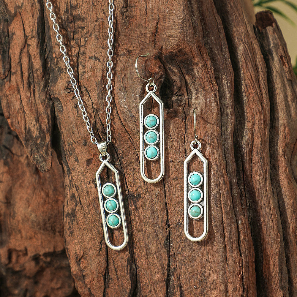 Wholesale Bohemian Turquoise Hollow Geometric Earrings and Necklace Set Fashion Accessory Gift