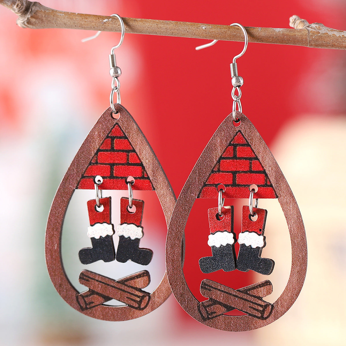 Wholesale Christmas Fireplace Santa Claus Bigfoot Wood Double Sided Earrings ACC-ES-ChuLian075