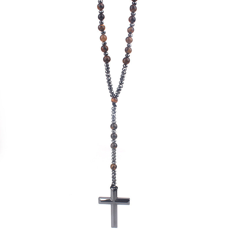 Wholesale Religious Gallstone Cross Pendant Natural Black Glitter Obsidian Lapis Necklace