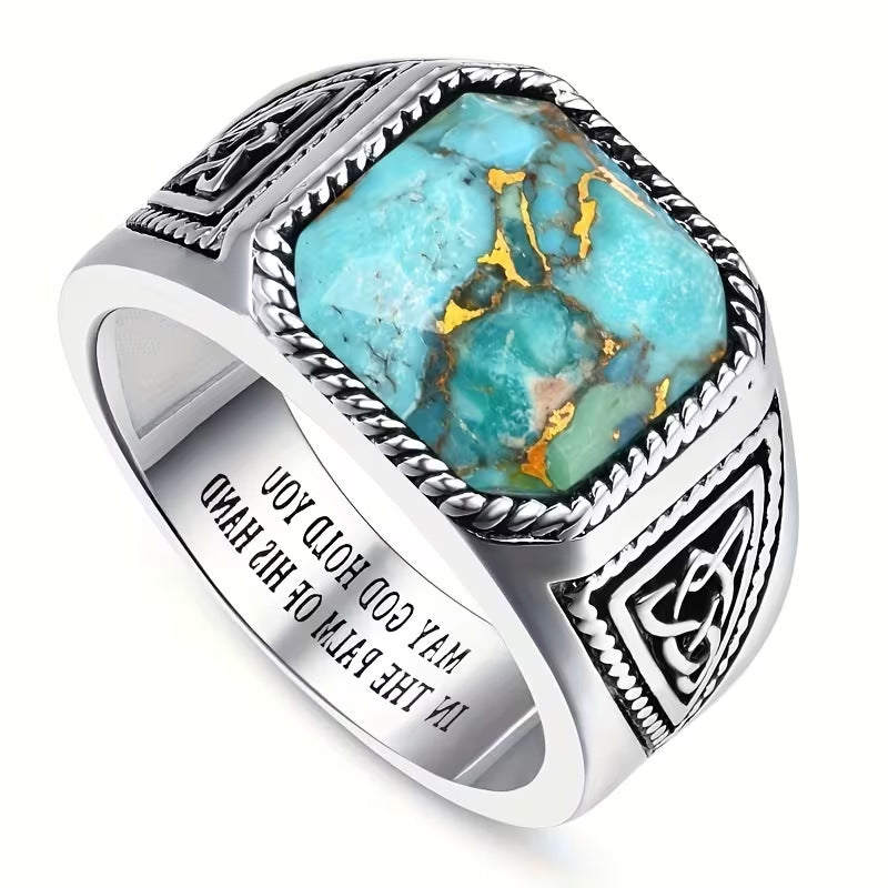 Wholesale Geometric Blue Zircon Ring with Vintage Texture for Casual Streetwear Jewelry Accessory