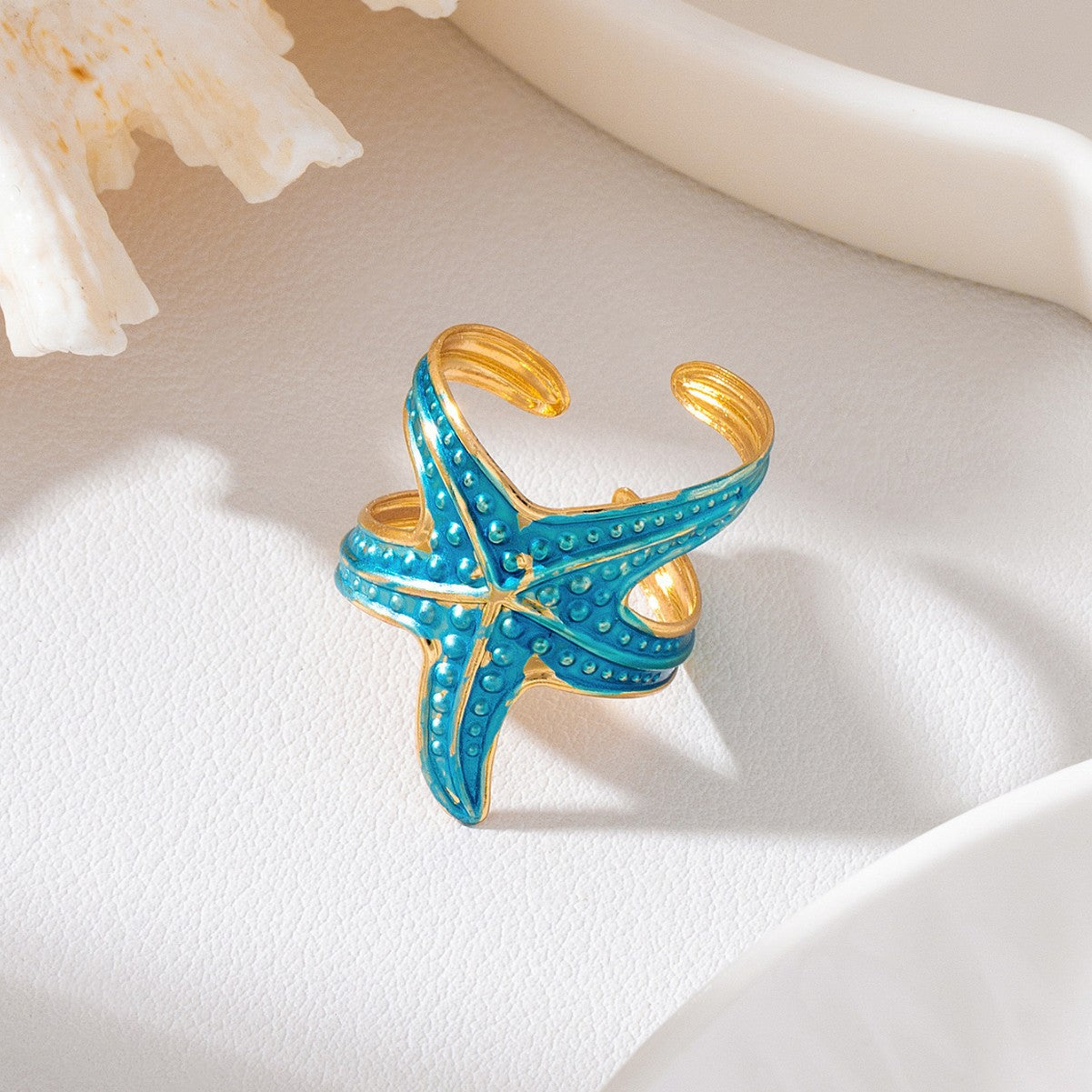 Wholesale Iron Alloy Bohemian Beach Style Blue Starfish Pink Gradient Shell Wing Stacking Ring Set Open Adjustable For Women Travel