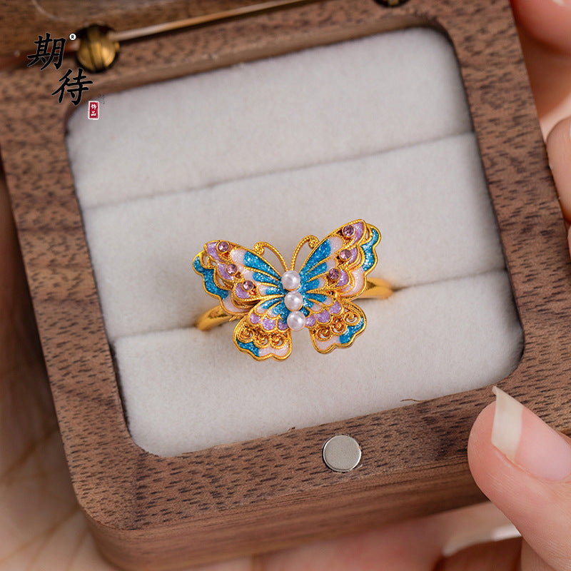 Wholesale Butterfly Ring Blue Gradient Enamel Pearl Antique Gold Finish Fashion Jewelry Accessory