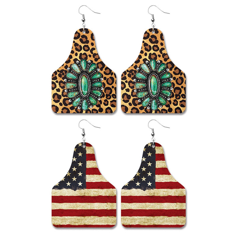 Wholesale 2 Pairs/pack American Flag Western Style Leopard Print Turquoise Leather Earrings Independence Day ACC-ES-HY050