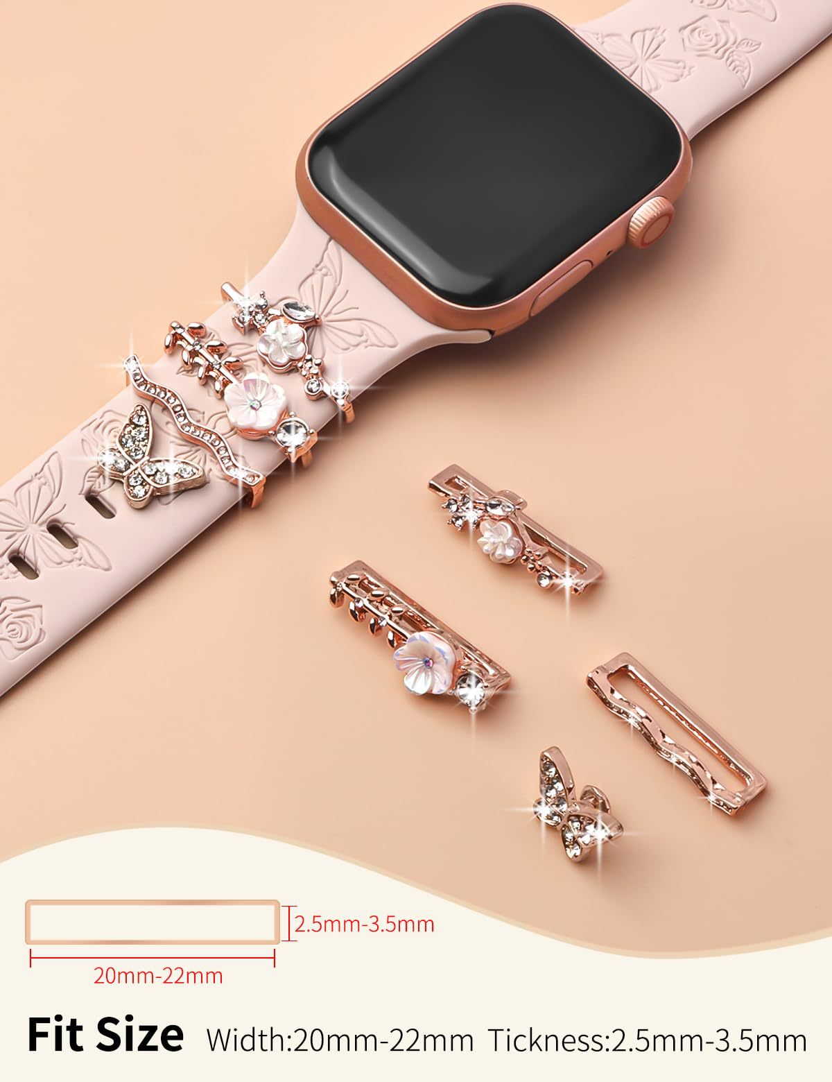 Wholesale Gold Floral Rhinestone Decorative Ring Alloy Smart Watch Band Charm Chic Fashion Accessory For Women