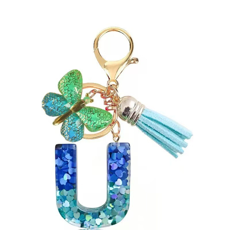 Wholesale Resin Alphabet Keychain With Butterfly Tassel Blue Gradient Vacation Style Fashion Accessory For Bags And Keys