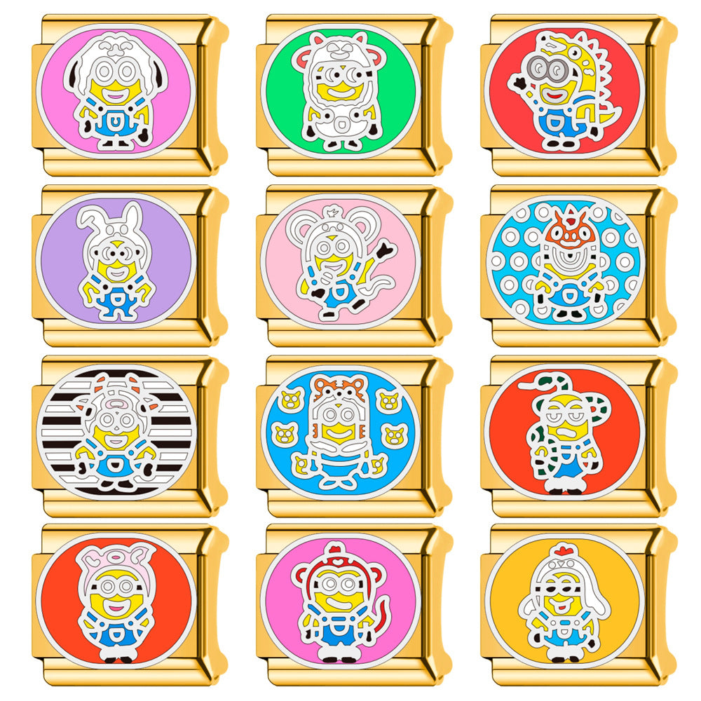 Wholesale Chinese Zodiac Animals 18K Gold Plated Stainless Steel Italian Cartoon DIY Minions Modular Bracelet Accessories