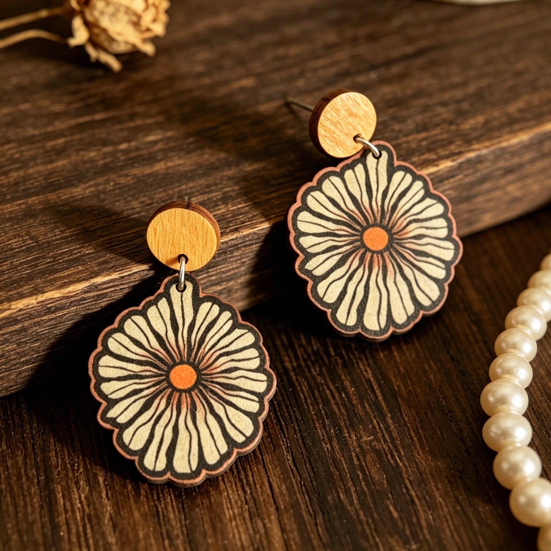 Wholesale Vintage Floral  Print Wooden Earrings - Retro Style,  Orange &  White Petals,  Fashion Accessory for Party or Gift
