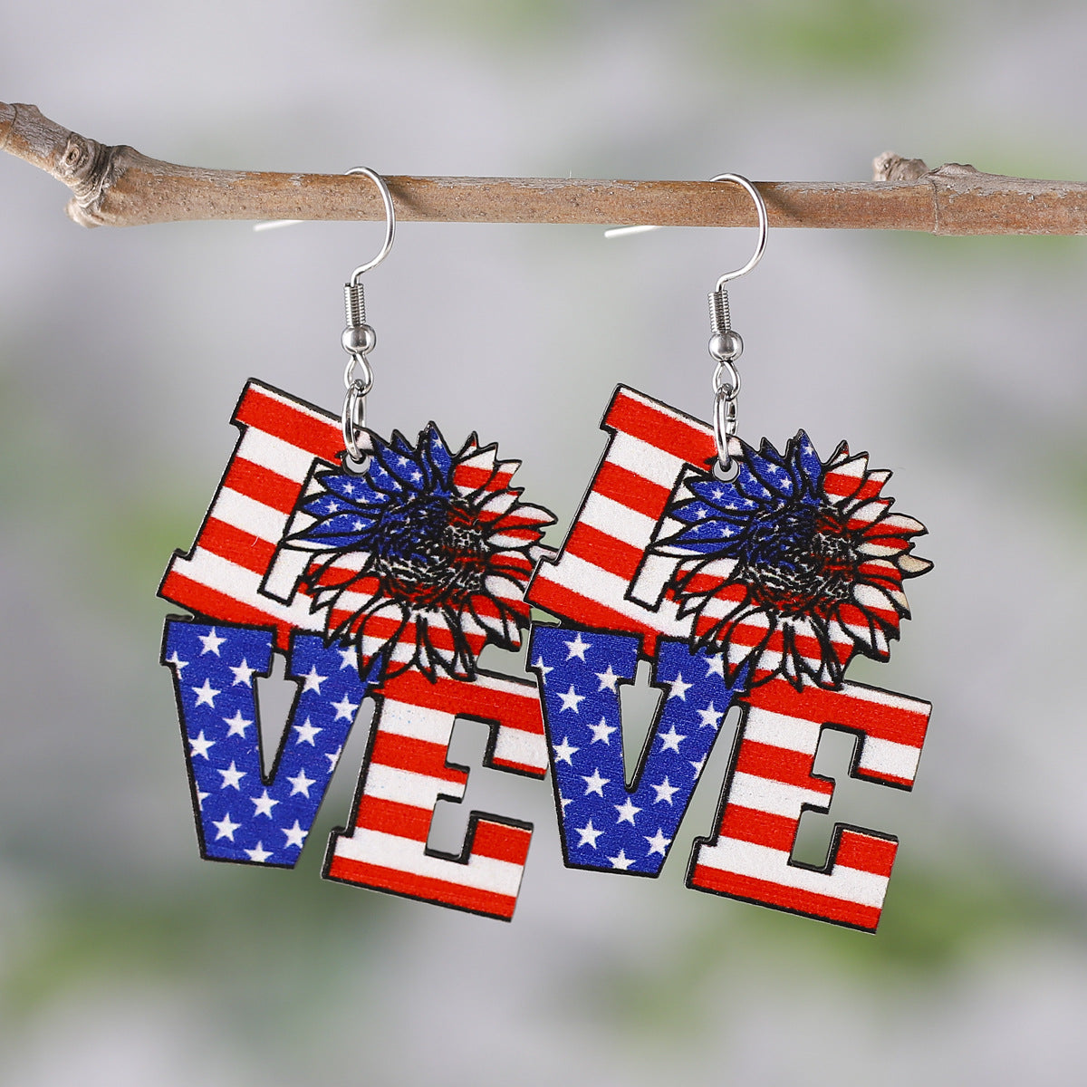 Wholesale American Independence Day Red White Blue Flag Striped Stars Sunflower Double Sided Earrings
