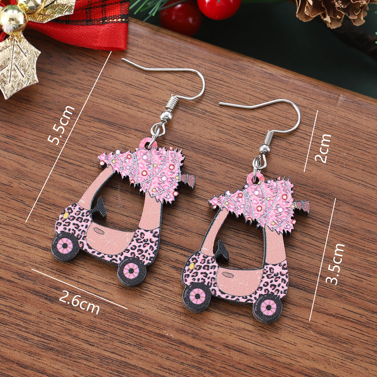 Wholesale Christmas hollow pink Christmas tree leopard car pendant earrings wooden