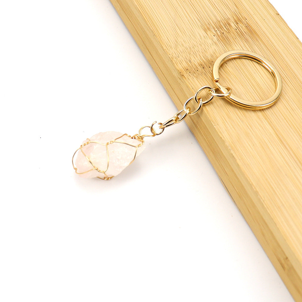 Wholesale Gold Wire Wound Natural Crystal Rough Stone Keychain ACC-KC-HanX006