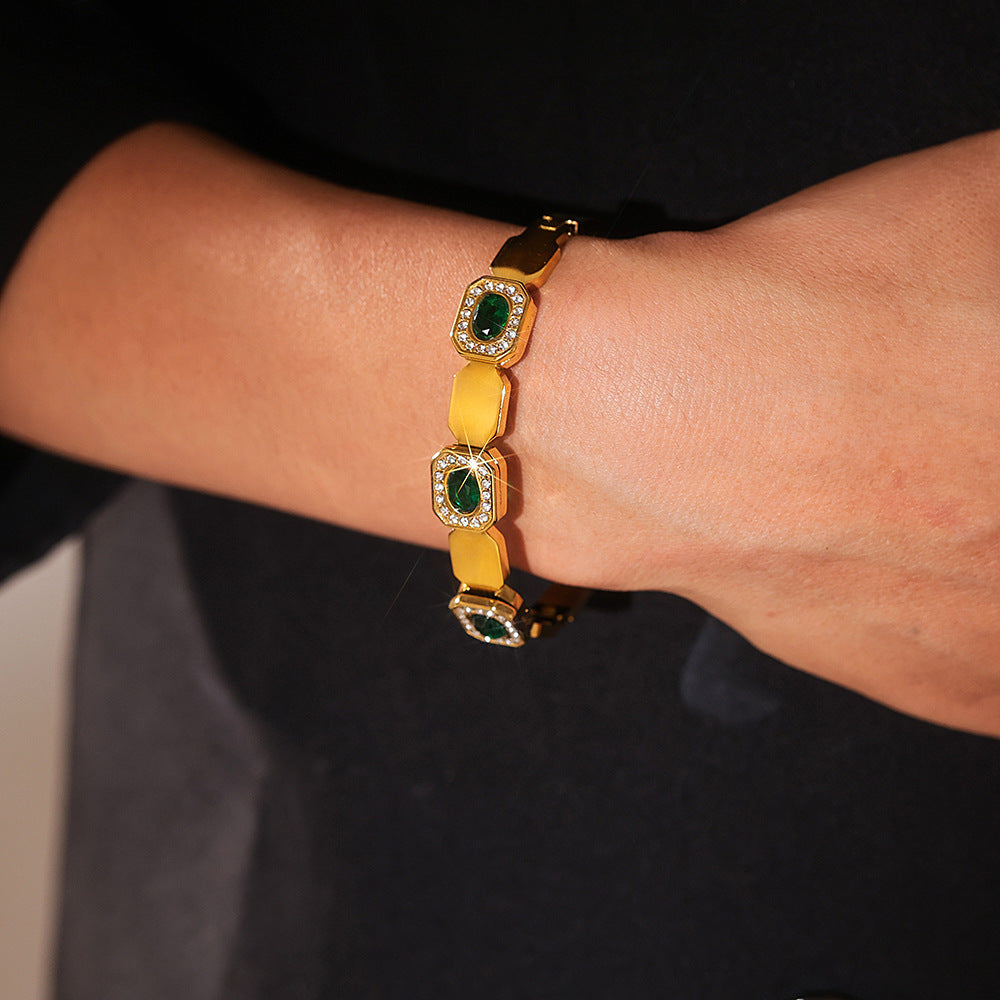 Wholesale Titanium Steel Square Green Diamond Buckle Bracelet
