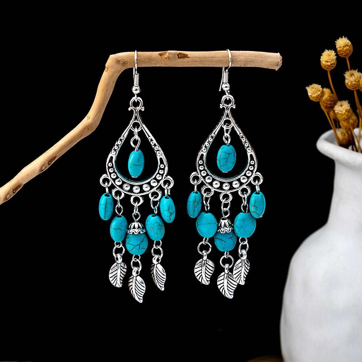 Wholesale Retro Ethnic Style Blue Turquoise Hollow Ring Flower Tassel Earrings Jewelry Accessory