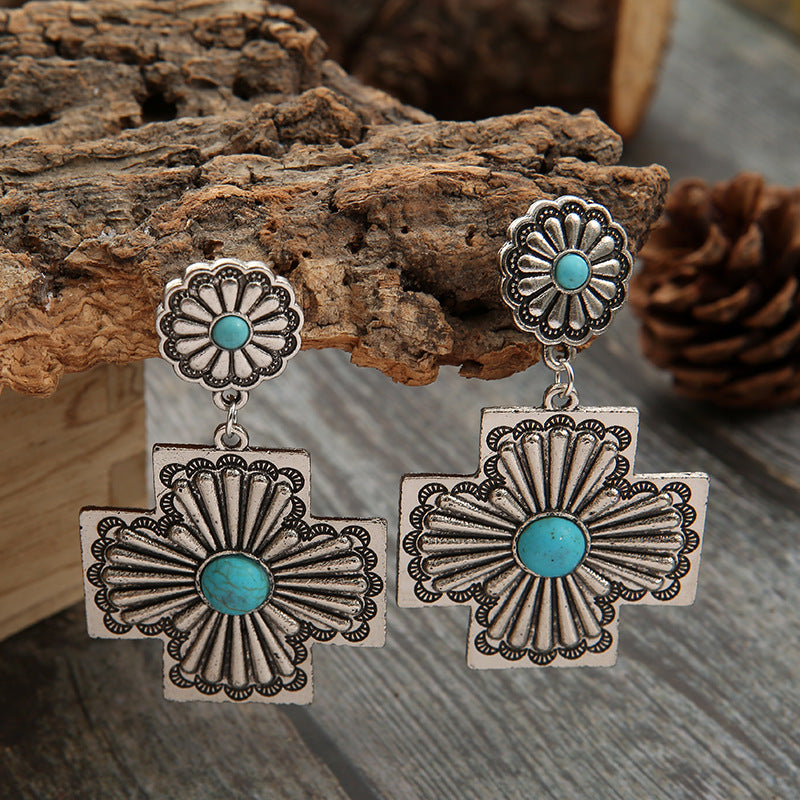 Wholesale Retro Western Turquoise Cross Earrings Alloy Electroplated Chic Jewelry Accessory Gift