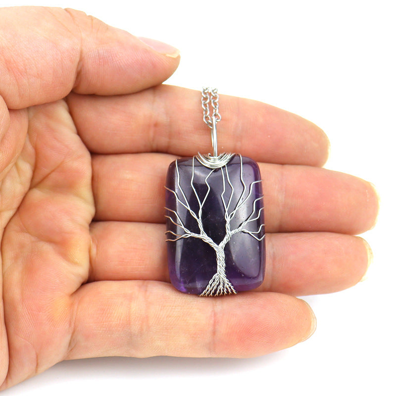 Wholesale Handmade Wire Wrapped Rectangular Tree Of Life Pendant Necklace Natural White Crystal Agate Jewelry Accessory For Resale