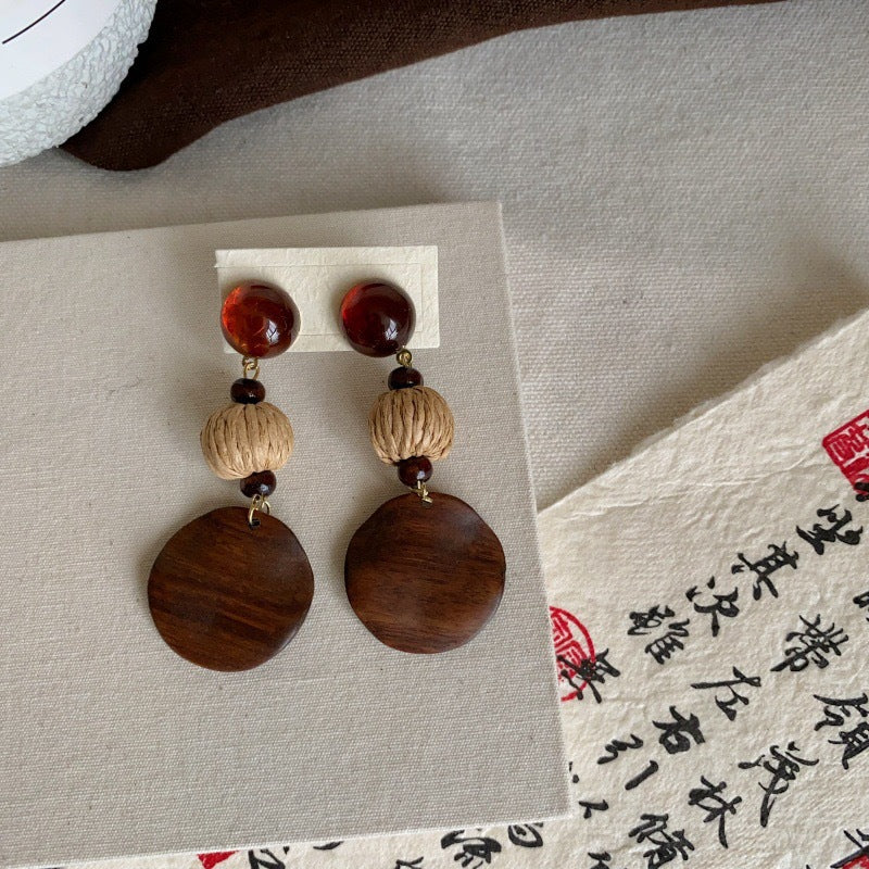 Wholesale Stylish Wooden Geometric Earrings Handmade New Chinese Style Fashion Accessory