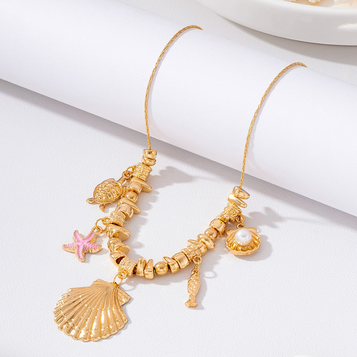 Wholesale Vintage Gold Sea Life Charm Necklace Starfish Turtle Fish Pearl Scallop Pendants Fashion Jewelry Accessory For Women Gift