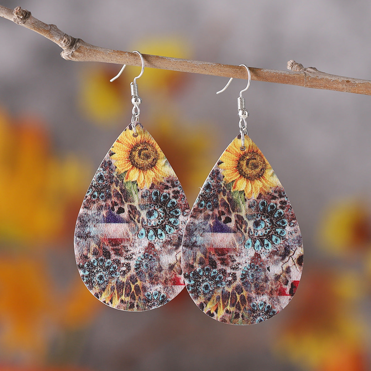 Wholesale Western Ethnic Style Sunflower Aztec Water Drop Pendant Earrings ACC-ES-ChuLian129