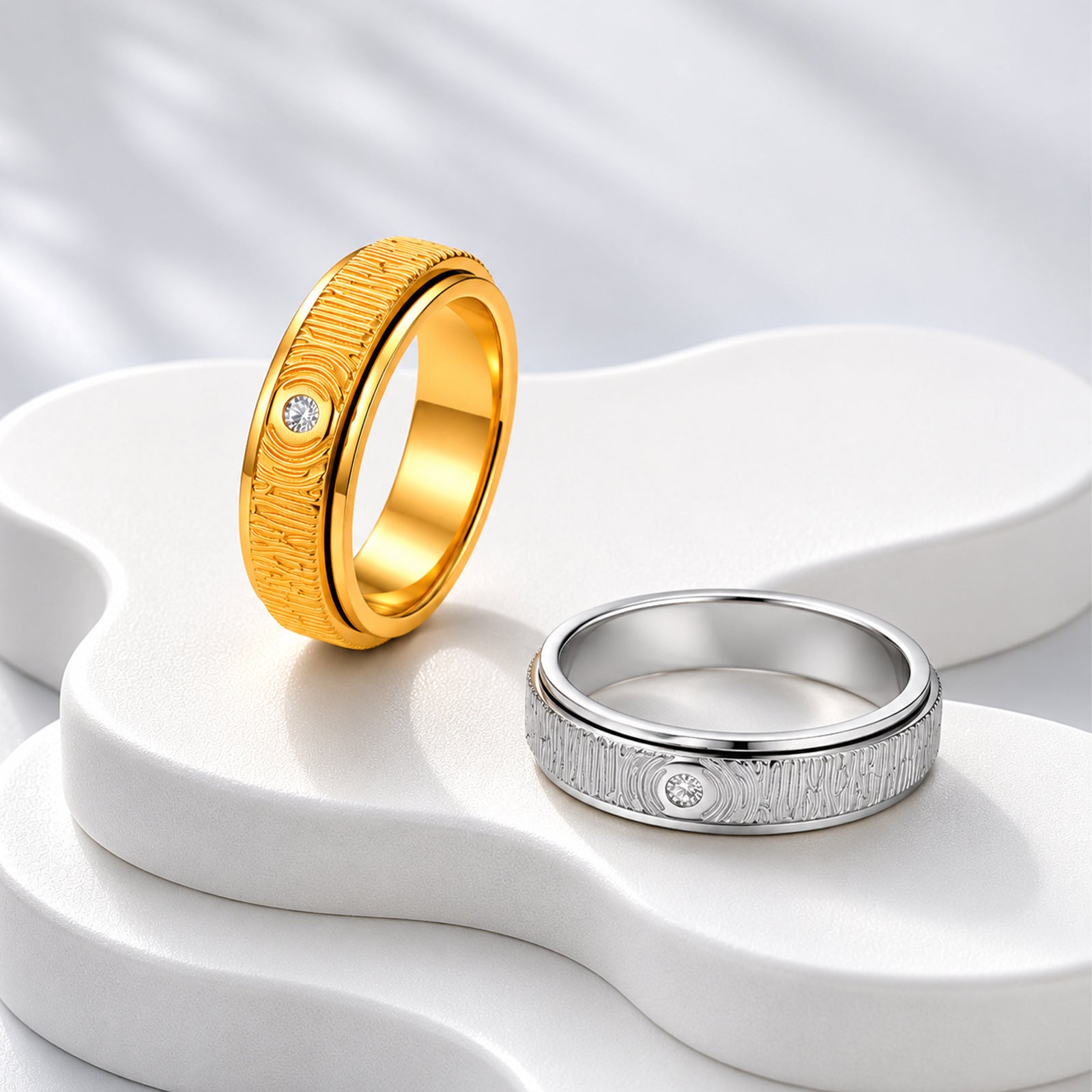 Wholesale Vintage Wood Grain Rotatable Ring Stainless Steel Gold Plating Fashion Jewelry Accessory