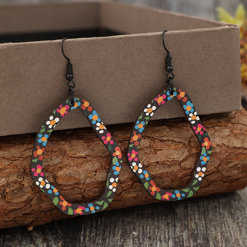 Wholesale Bohemian Style European and American Retro Asymmetrical Geometric Printing Fresh Flower Wooden Earrings Women' s Earrings