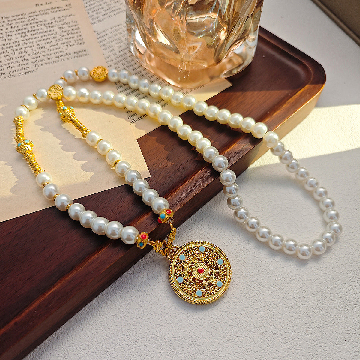 Wholesale Pearl Ancient Five Blesques Hollow Disc Necklace