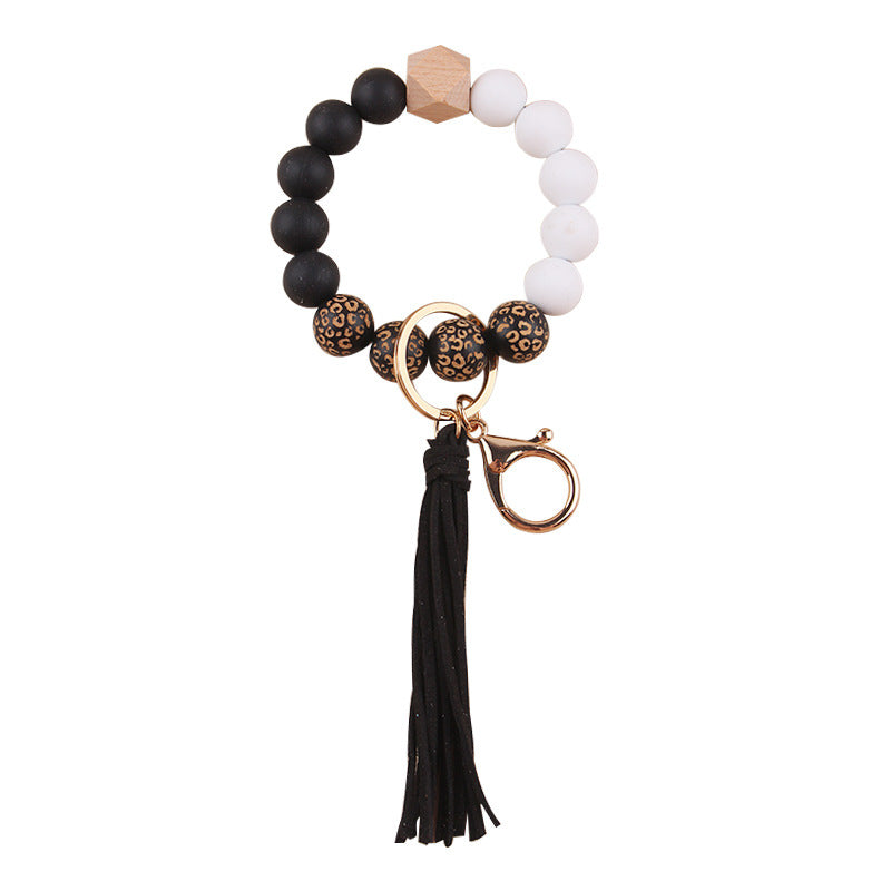 Wholesale Leopard Print Silicone Beads Tassel Wrist Keychain Wristlet Keychain ACC-KC-GuangTian046
