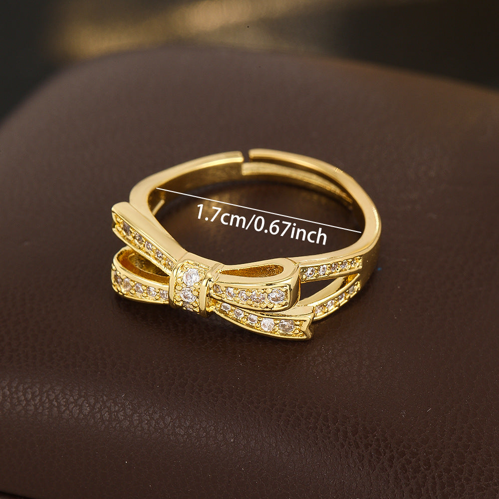 Wholesale Gold Plated Copper Zirconia Bow Ring Adjustable Open Design Fashion Jewelry Accessory For Everyday Wear