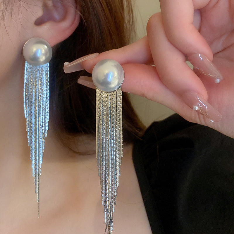 Wholesale  Pearl Metal Tassel Silver Pin Earrings