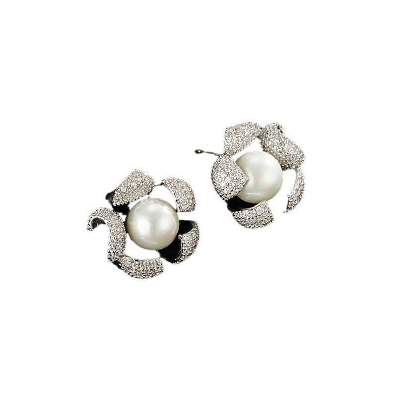 Wholesale  Light Luxury  Micro-inlaid Zirconium Pearl Flower Earrings