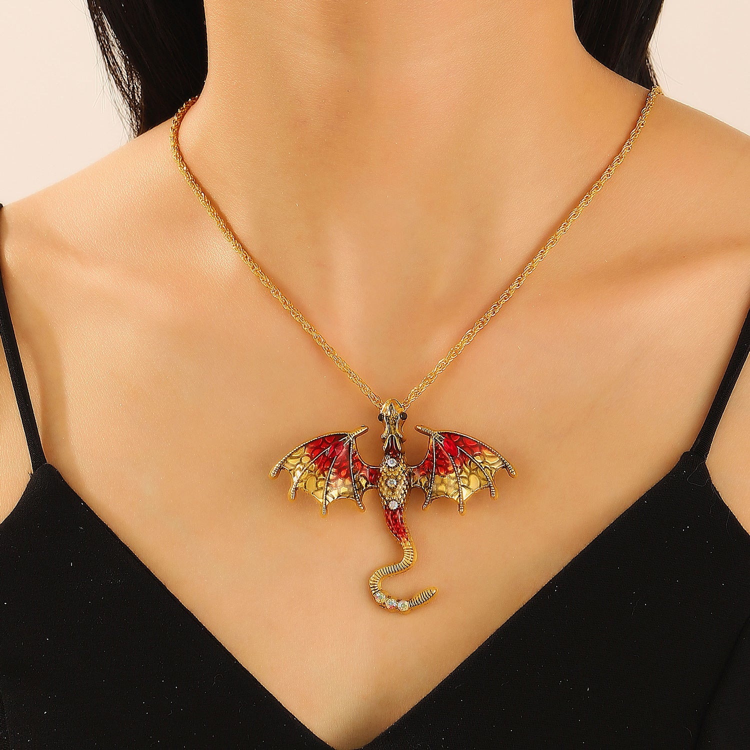 Wholesale Alloy Drip Oil Dragon Pendant Necklace Rhinestone Animal Jewelry Fashion Accessory for Couples