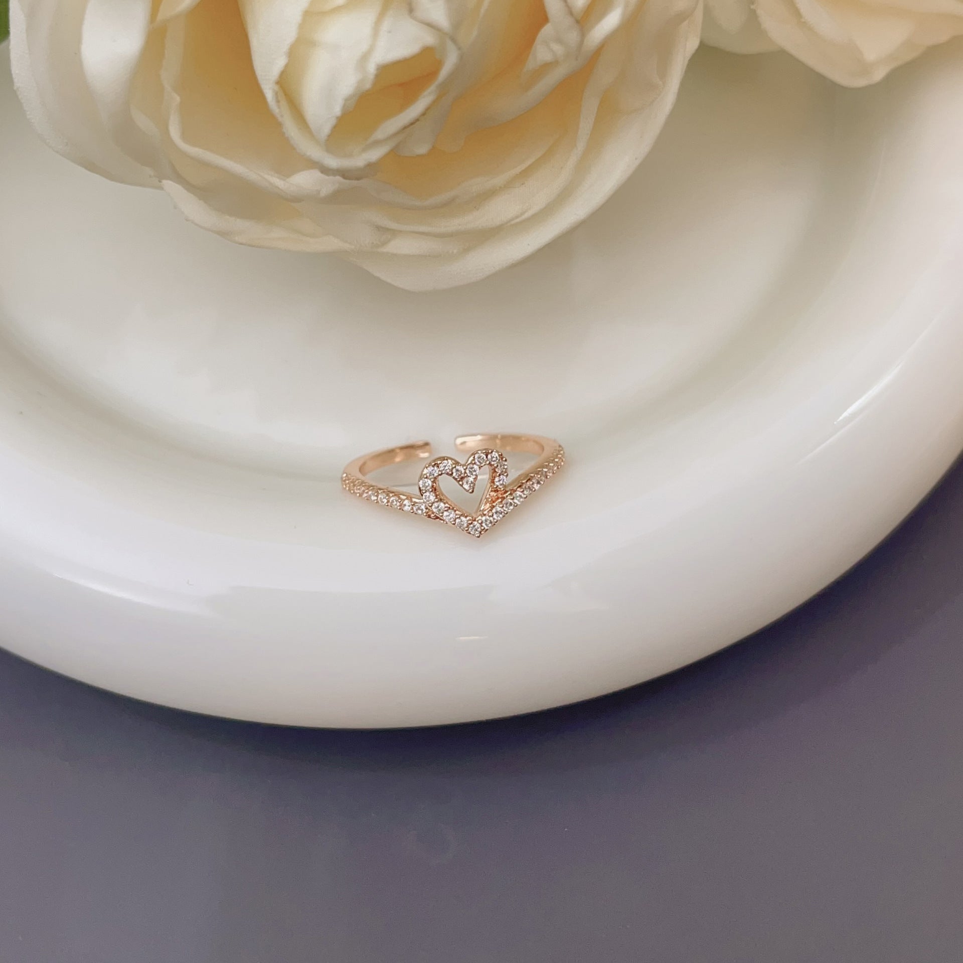 Wholesale  Love Heart Ring Light Luxury Elegant Zircon Open Ring