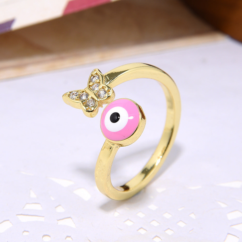 Wholesale Copper plated 18k color-preserving zircon butterfly oil-drop evil eye ring