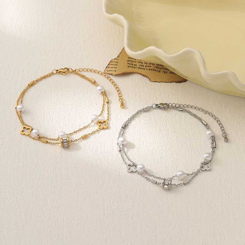 Wholesale Fashion Transfer Beads Pearl Hollow Flower Zircon Double-Layer Bracelet Titanium Steel Boutique Resale Fashion Accessory