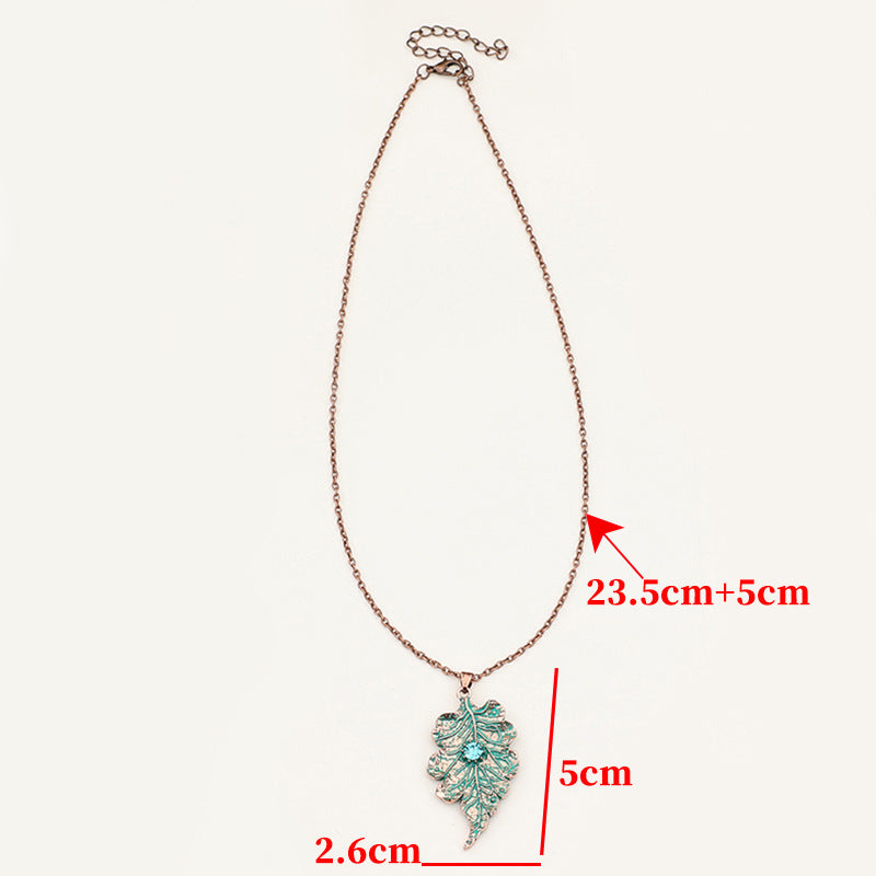 Wholesale Vintage-Style Distressed Leaf Vein Pendant Necklace — Antique Bronze &  Lake Green Enamel Leaf with Blue Crystal Accent — Forest-Themed Alloy Jewelry