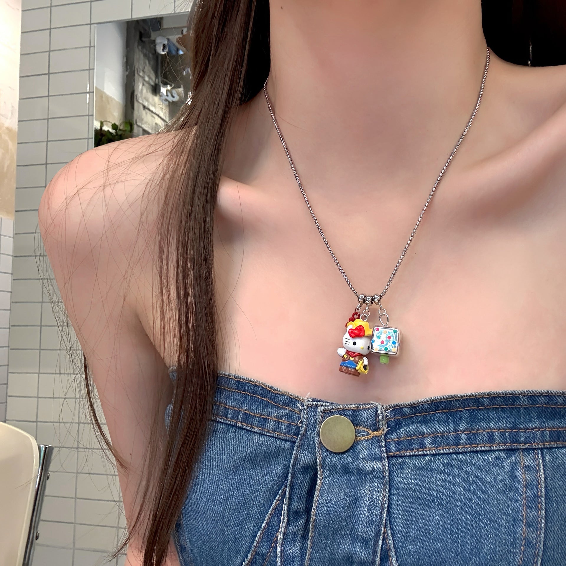 Wholesale Cute Cartoon Style Colorful Cat Dice Square Pendant Necklace