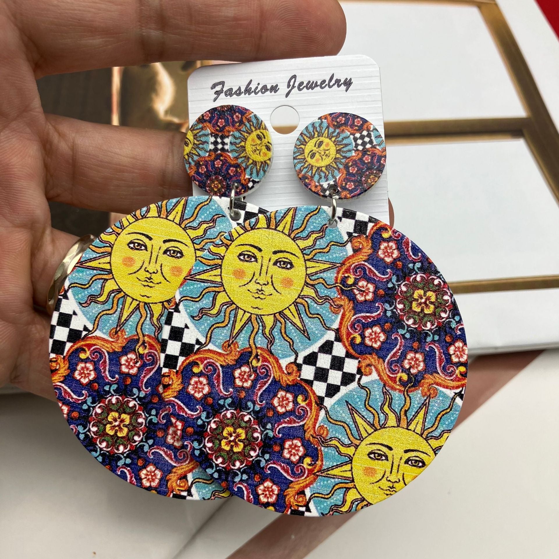 Wholesale Ceramic Pattern Bohemian Wood Cotton and Linen Earrings ACC-ES-FX009