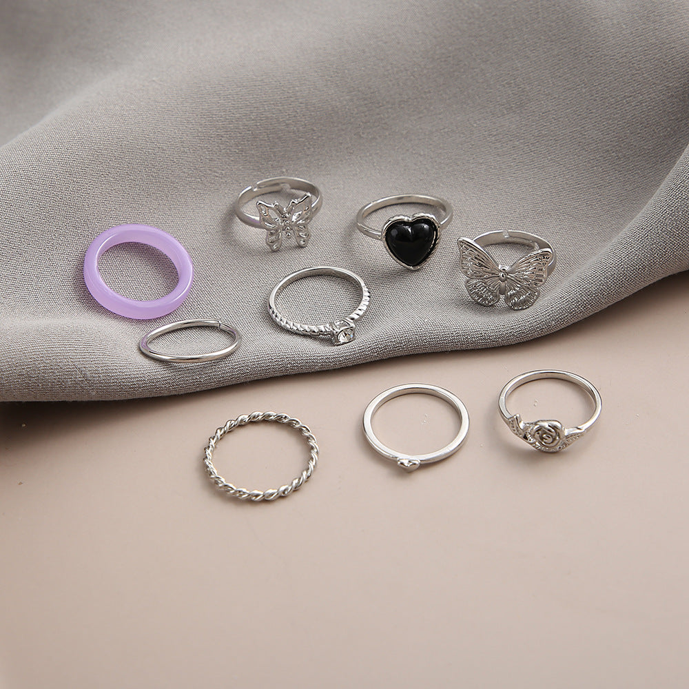 Wholesale Vintage 9-piece butterfly and heart ring set