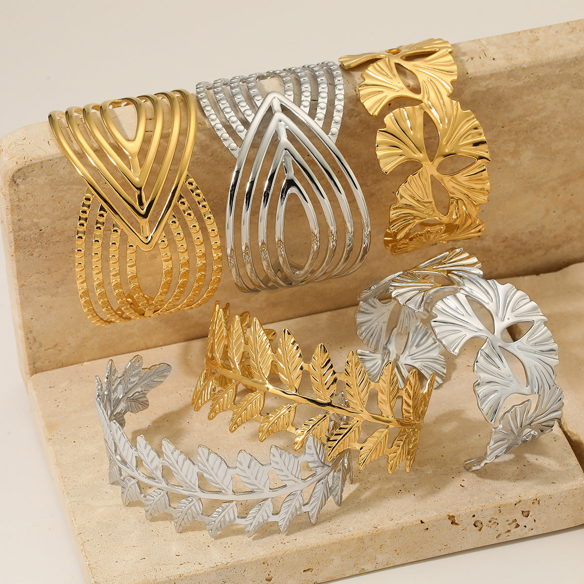 Wholesale  Leaf Bracelet suit Stainless Steel Metallic Wide-sided Hollow Ginkgo Leaf Elegant Bracele