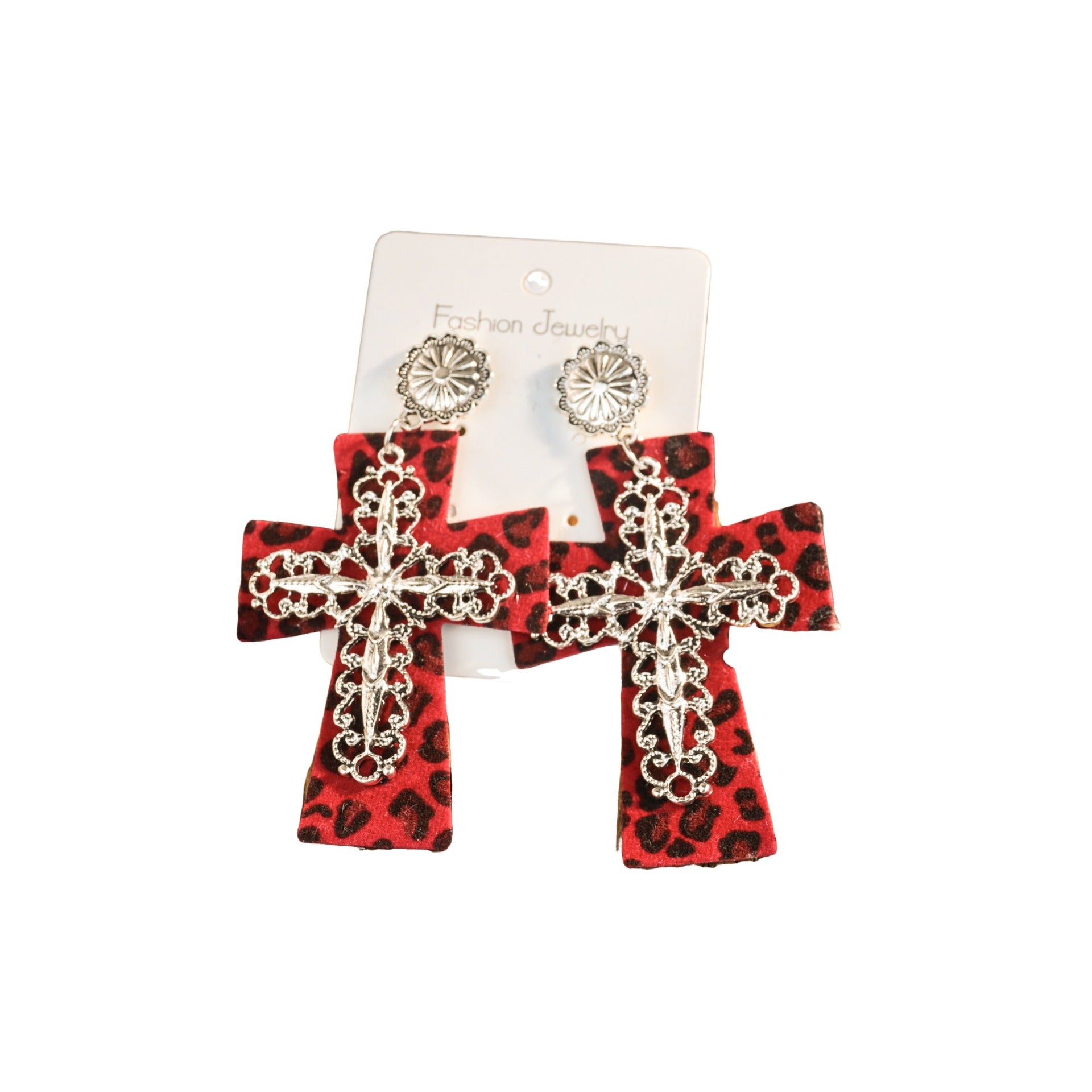 Wholesale Western-style leather leopard print cross earrings