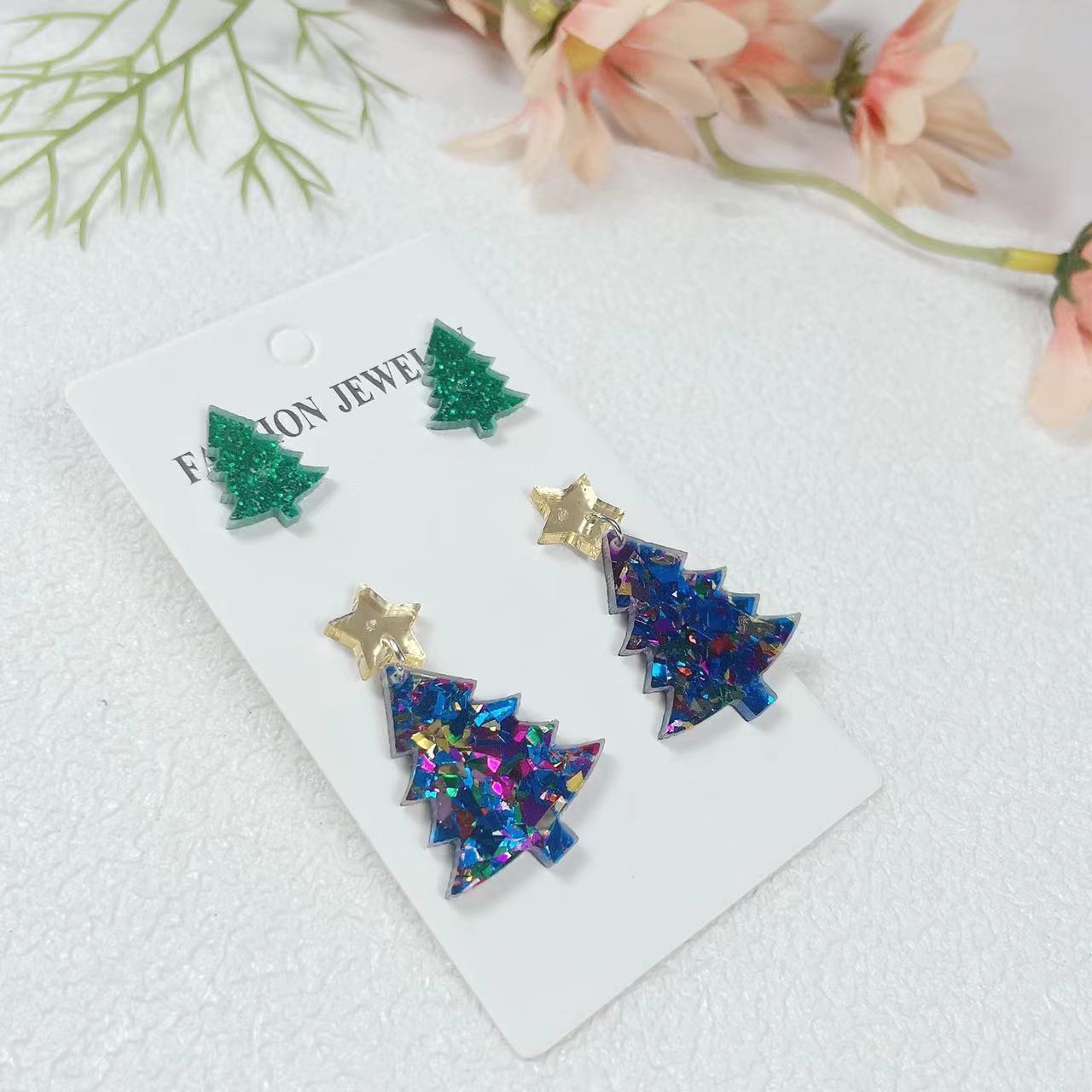 Wholesale Christmas Checkered Leopard Christmas Tree Print Acrylic Earrings Set ACC-ES-AnDao036